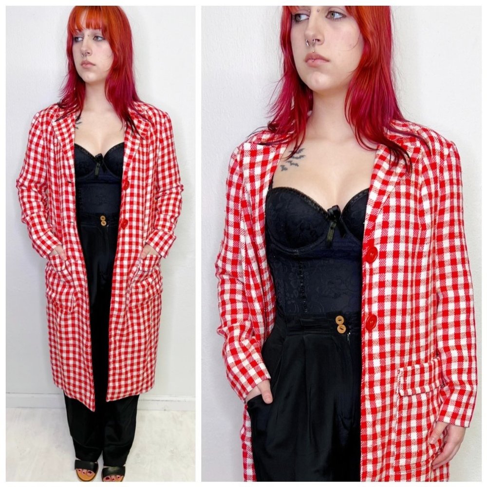 Vintage 80s 90s Red Check Plaid Long Coat M Medium Maximalist Clowncore